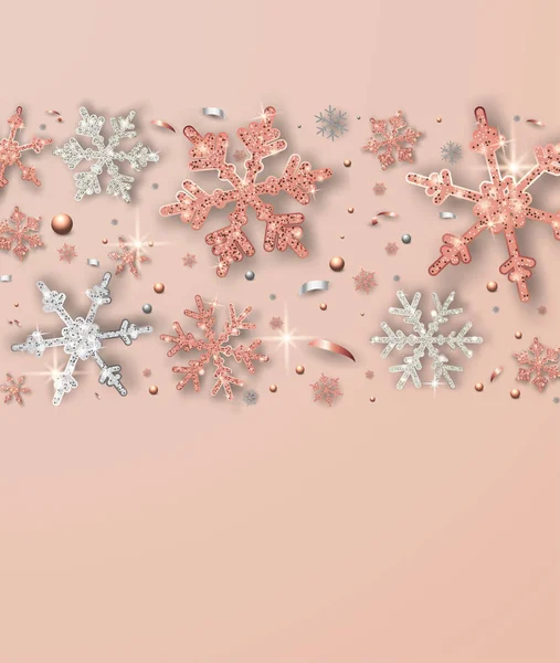 Jul, nyår eller vinter kort med glänsande snöflingor. — Stock vektor