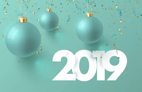 Feliz Año Nuevo 2019 tarjeta con bolas de Navidad y serpentina . — Vector de stock