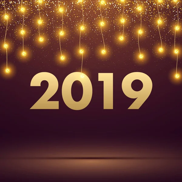 Feliz Año Nuevo 2019 tarjeta brillante con luces decorativas doradas y — Vector de stock
