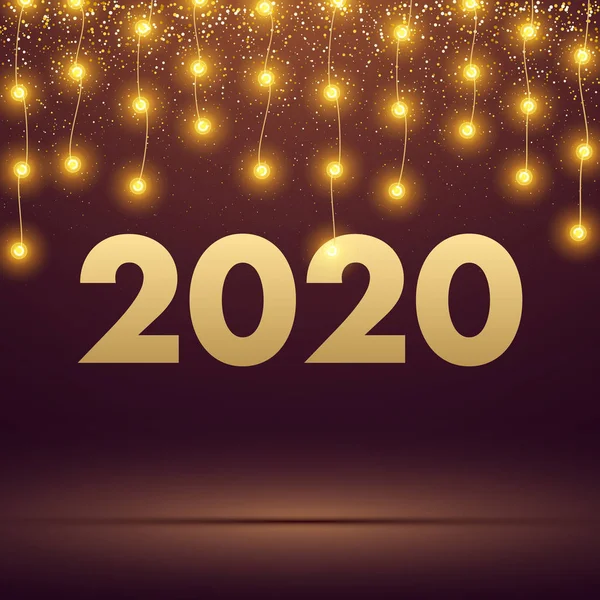 Feliz Año Nuevo 2020 tarjeta brillante con luces decorativas doradas y — Archivo Imágenes Vectoriales