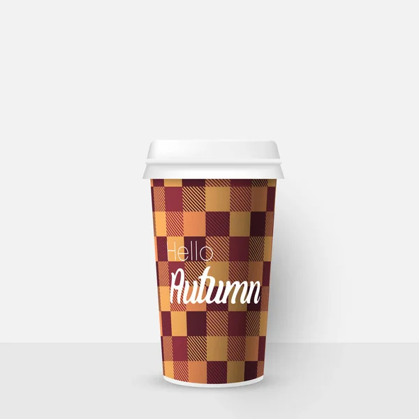 Ciao sfondo autunno con bicchiere di carta di bevanda calda . — Vettoriale Stock