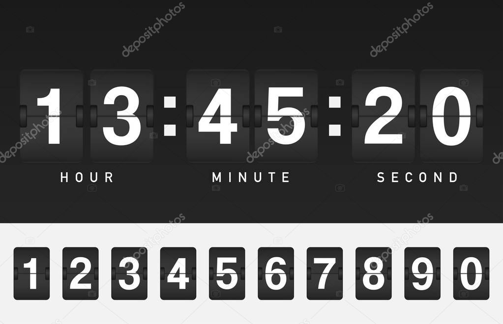 Black flip board countdown timer with white figures in airport s