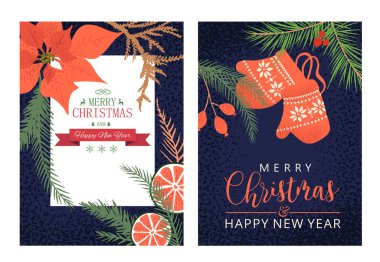 Renkli mutlu Noeller ve Happy New Year tebrik kartları 