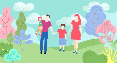 Merhaba yaz. Şehir parkında veya ormanda yürüyen çocuklu aile.