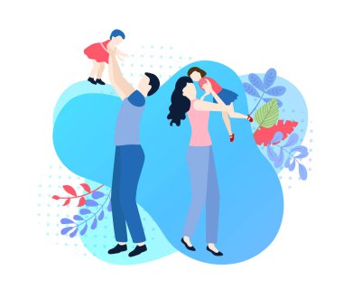 Merhaba yaz. Parkta dışarıda yürüyen çocuklu aile.