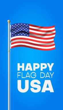 Mutlu bayrak günü. Bayrak direğinde ABD bayrağı olan mavi tebrik kartı.