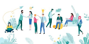 İnsanlar çalışır, çalışır, çevrimiçi teknolojiyi kullanır ve verimliliği artırır