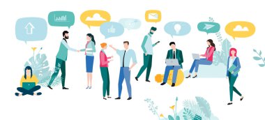 İnsanlar iş için iletişim kurmak, çalışma, online teknoloji kullanımı ve