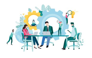 İnsanlar çalışır, çalışır, çevrimiçi teknolojiyi kullanır ve verimliliği artırır