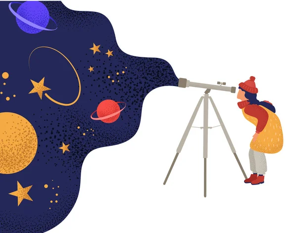 Menina observando estrelas e planetas através do telescópio . —  Vetores de Stock