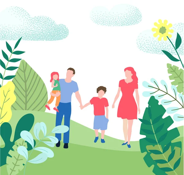 Hello summer. Family with kids walking in city park or forest. — Stock Vector