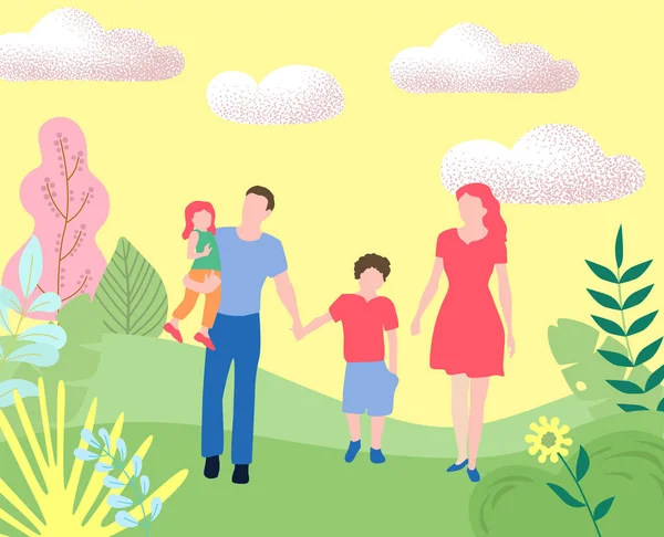 Witam lato. Rodzina z dziećmi pieszo w parku miejskim lub lesie. — Wektor stockowy
