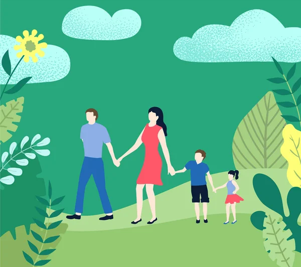 Hello summer. Family with kids walking in city park or forest. — Stock Vector