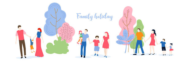 Family holiday. People with kids spend weekend outdoors, walking