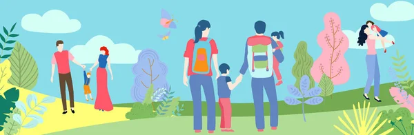 Familjesemester. Människor med barn tillbringar helgen utomhus, promenader — Stock vektor