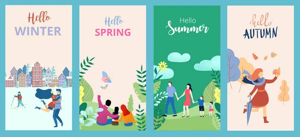 Hola verano, primavera, otoño, invierno. Conjunto de carteles o tarjetas wi — Vector de stock