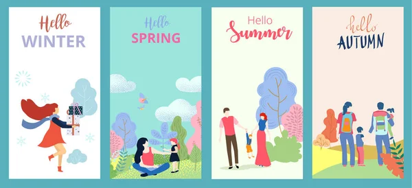 Hola verano, primavera, otoño, invierno. Conjunto de carteles o tarjetas wi — Vector de stock