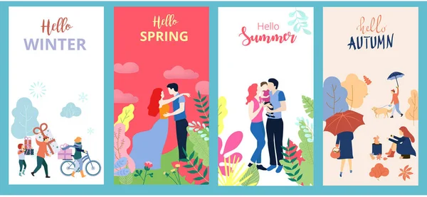 Hola verano, primavera, otoño, invierno. Conjunto de carteles o tarjetas wi — Vector de stock