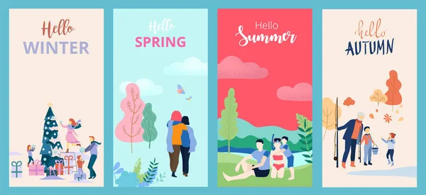 Hallo Sommer, Frühling, Herbst, Winter. Set von Postern oder Karten — Stockvektor