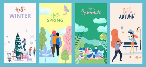 Hola verano, primavera, otoño, invierno. Conjunto de carteles o tarjetas wi — Vector de stock