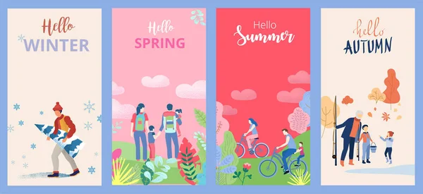 Hola verano, primavera, otoño, invierno. Conjunto de carteles o tarjetas wi — Vector de stock