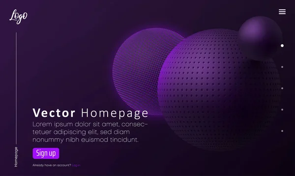Purple web homepage template with icons and 3d balls pattern. — Stock Vector