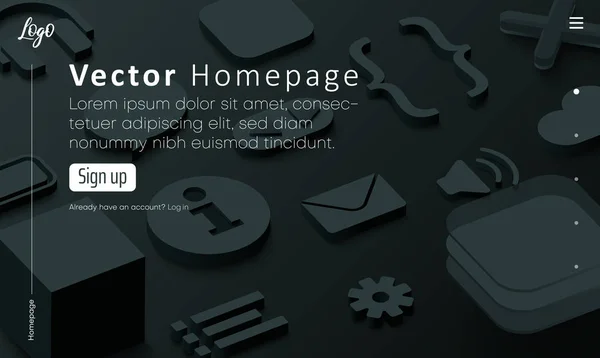 Zwarte Web homepage template met pictogrammen en abstract Internet sym — Stockvector