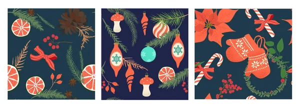Nahtlose Muster oder Weihnachtskarten-Vorlagen mit festlichem Design Vektorgrafiken