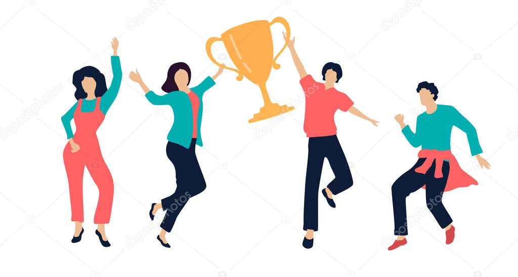 Set of happy dancing people, winners with golden cup. Color silh