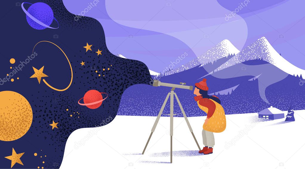 Girl watching stars and planets through telescope. Winter mounta