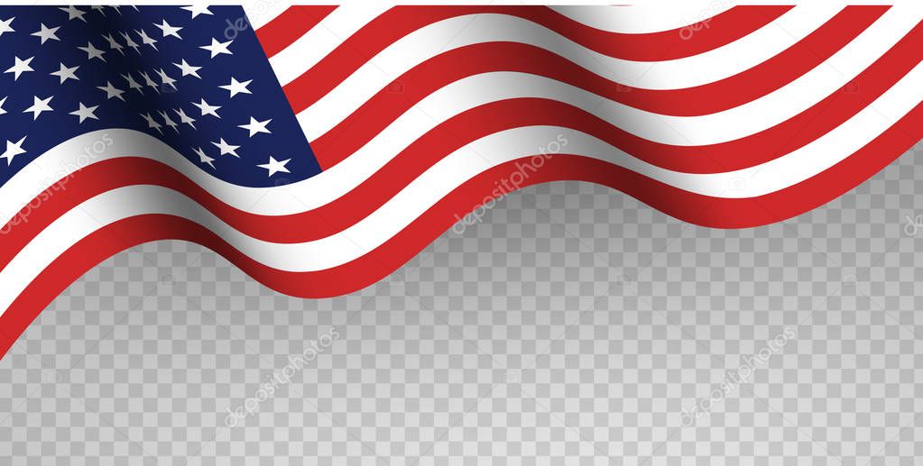 Blue and red fabric USA flag on transparent background. Happy fl