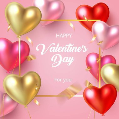 3d kalp şekli balonlar ile Happy St Sevgililer Günü pembe kart