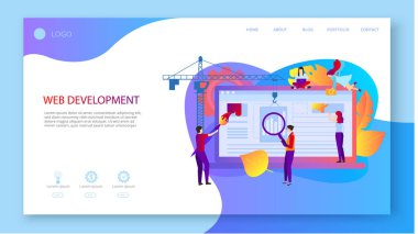 Web geliştirme. Dizüstü bilgisayar ve p ile açılış sayfası veya site şablonu