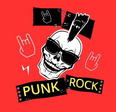 Güneş gözlüğü ve punk rock tarzı etiket mohawk ile Skull. Kırmızı T