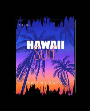 Hawaii sörfü. Palmiye ağaçları ile renkli poster. T-shirt baskı ile