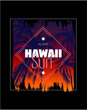 Hawaii sörfü. Palmiye ağaçları ile renkli poster. T-shirt baskı ile