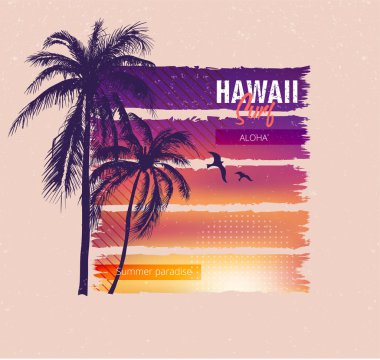 Hawaii sörfü. Palmiye ağaçları ile renkli poster. T-shirt baskı ile