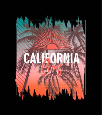 Kaliforniya sörfü. Palmiye ağaçları ve güneş ile renkli poster. T-şir