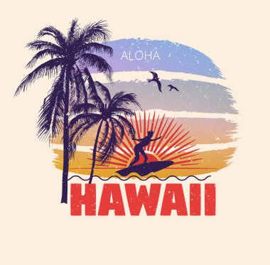 Hawaii sörfü. Palmiye ağaçları ve güneş ile renkli poster. T-shirt pr