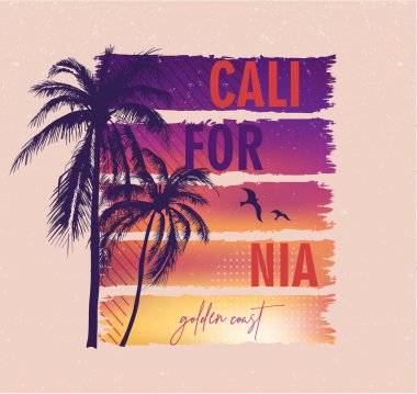 Kaliforniya, altın sahil. Palmiye ağaçları ile renkli poster. T-shi