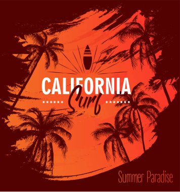 Palmiye ağaçları ve California sörf yazıt ile Turuncu poster. T