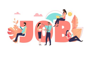 İş, çalışan insanlarla mercan posteri. Personel alımı ve ope