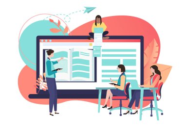 Web eğitimleri. Dizüstü bilgisayar ve insanlar çalışma ile Mercan illüstrasyon, 