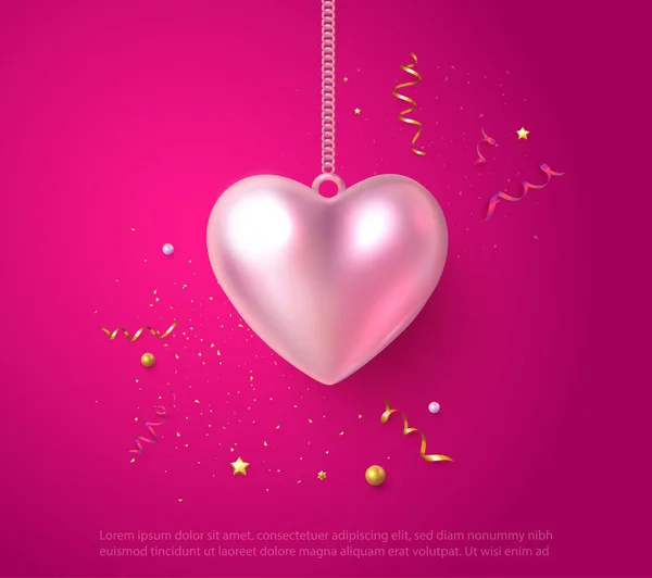 Tarjeta rosa con corazón 3d y confeti para el Día de San Valentín . — Vector de stock