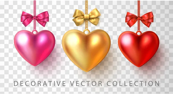 Corazones de oro, rojo y rosa 3d con lazo de satén aislado en transpar — Vector de stock