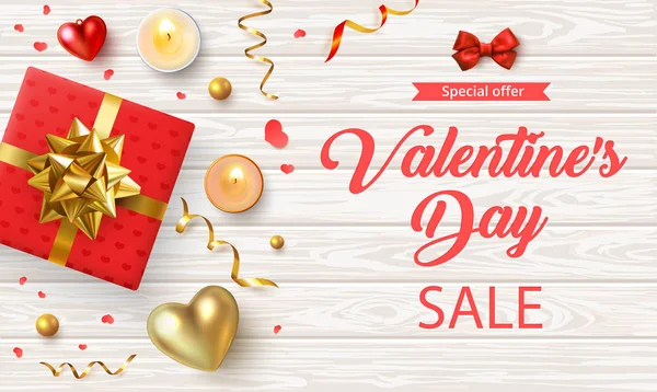 Venta de San Valentín cartel promocional de madera con regalo, corazones 3d an — Vector de stock