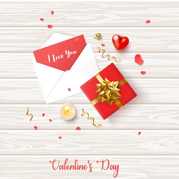 Happy St. Valentine's Day wooden card with letter, gift, candle, — Stock Vector