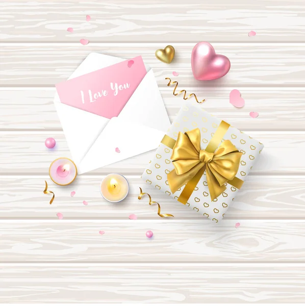 Feliz día de San Valentín tarjeta de madera con carta, regalo, velas — Vector de stock