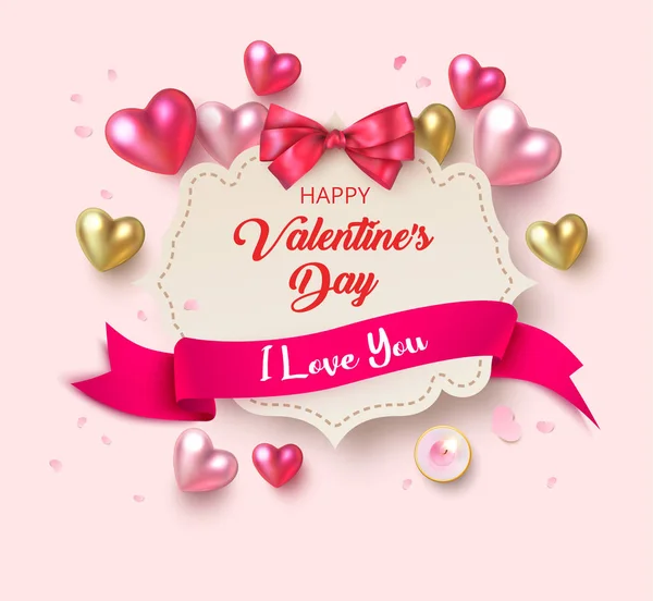 Rosa Valentinstag-Grußkarte mit 3D-Herzen und Satin — Stockvektor