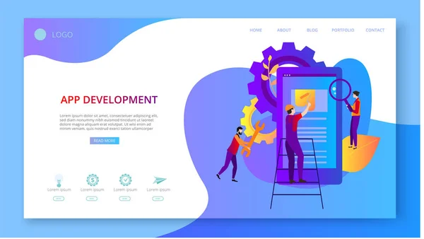 Anwendungsentwicklung. Landing Page Template mit Smartphone a — Stockvektor